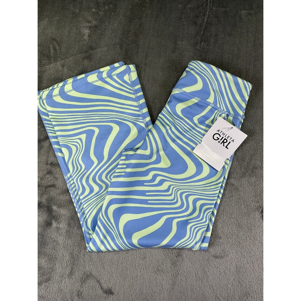 Athleta Girl Chit Chat Kick Flare Capri Leggings Blue Lime Swirl XL 14 NWT